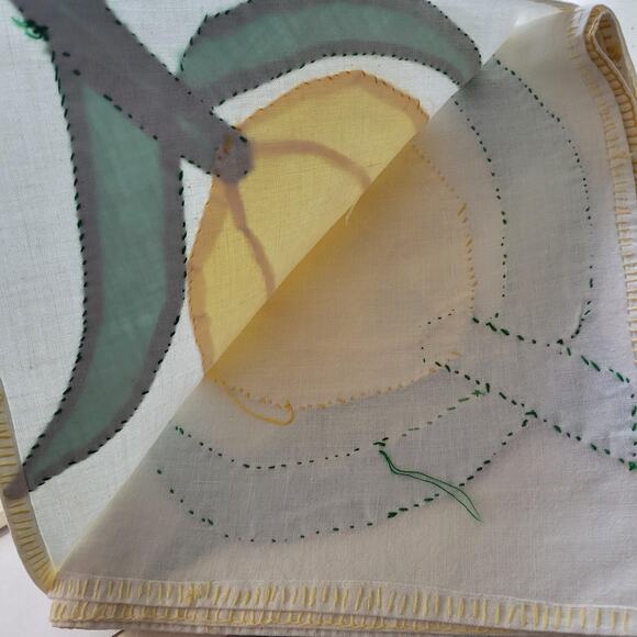 Vintage Card Tablecloth, Yellow Tulip 34"x34" Embroidered Linen | 1940s–50s - Picture 4 of 5